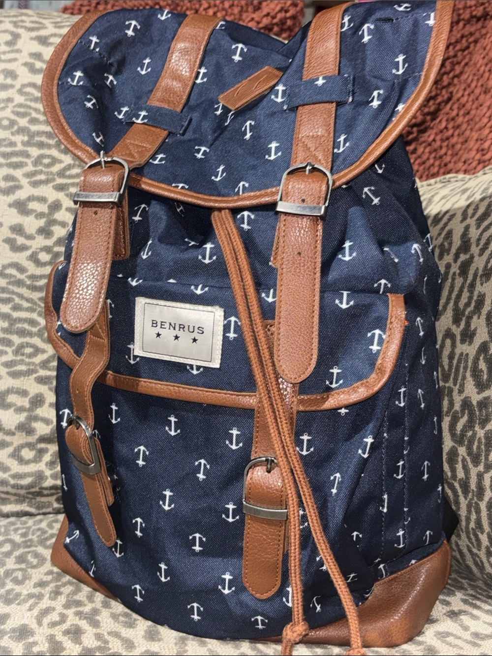 Benrus backpack nautical navy anchor print leather accent casual preppy backpack